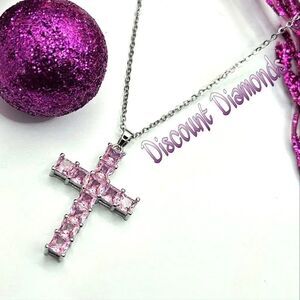 14K White Gold on 925 Pink Diamond Cross Pendant Necklace